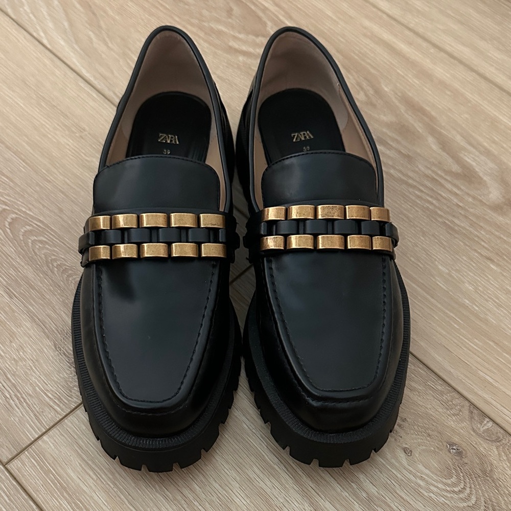 Zara Black Loafers with Gold Detailing